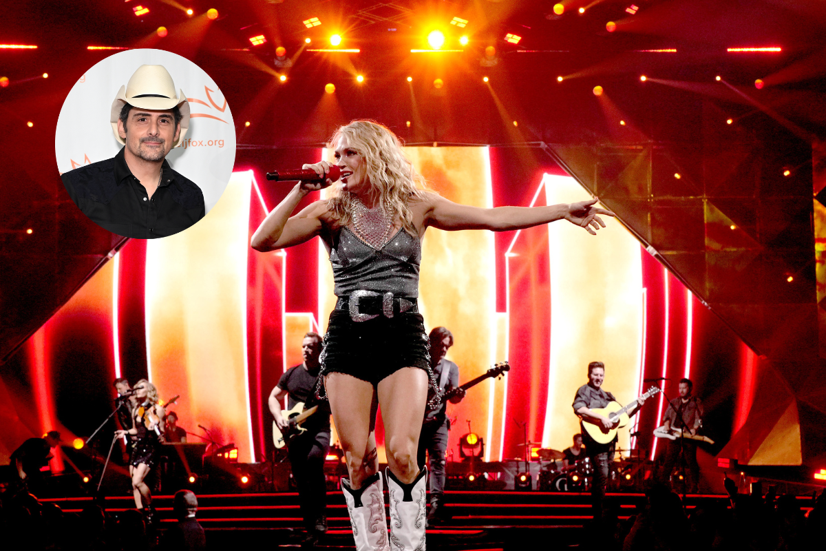 NEW YORK, NEW YORK - FEBRUARY 21: Carrie Underwood performs onstage during "The Denim & Rhinestones Tour" at Madison Square Garden on February 21, 2023 in New York City and NEW YORK, NEW YORK - OCTOBER 29: Brad Paisley attends the 2022 A Funny Thing Happened On The Way To Cure Parkinson's at Cipriani South Street on October 29, 2022 in New York City.