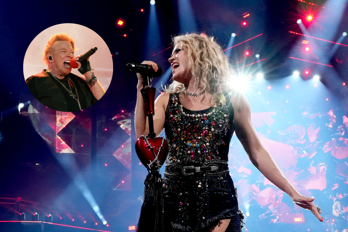 NEW YORK, NEW YORK - FEBRUARY 21: Carrie Underwood performs onstage during "The Denim & Rhinestones Tour" at Madison Square Garden on February 21, 2023 in New York City and INDIO, CALIFORNIA - APRIL 30: Axl Rose of Guns N' Roses performs onstage with Carrie Underwood during Day 2 of the 2022 Stagecoach Festival at the Empire Polo Field on April 30, 2022 in Indio, California.
