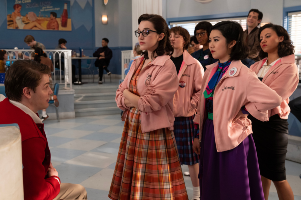 Jason Schmidt as Buddy, Marisa Davila as Jane Facciano, Ari Notartomaso as Cynthia Zdunowski, Shanel Bailey as Hazel, Tricia Fukuhara as Nancy Nakagawa, Alexis Sides as Potato and Cheyenne Wells as Olivia Valdovinos in Grease: Rise of the Pink Ladies: "So this is Rydell" EP #103 streaming on Paramount +, 2022