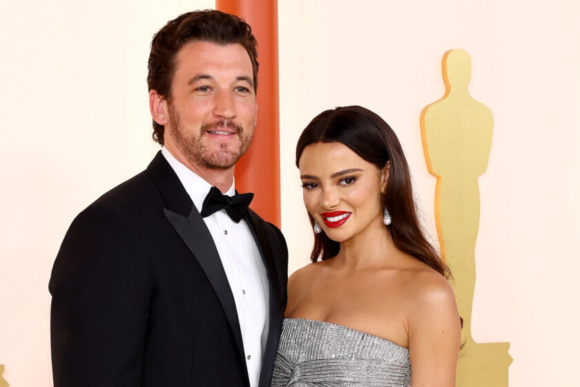 Miles Teller and Keleigh Sperry attend the 95th Annual Academy Awards on March 12, 2023 in Hollywood, California.