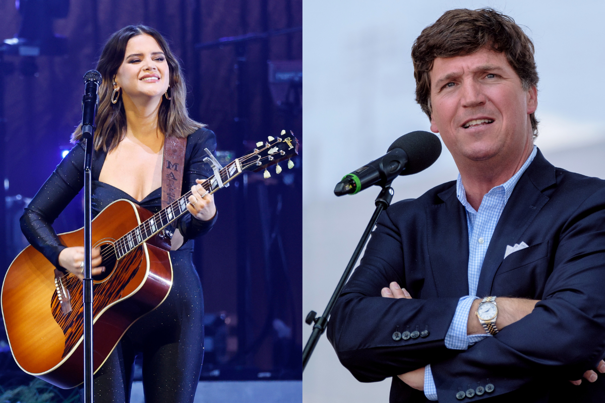 NASHVILLE, TENNESSEE - DECEMBER 02: Maren Morris performs at Bridgestone Arena on December 02, 2022 in Nashville, Tennessee./ Tucker Carlson speaks at event