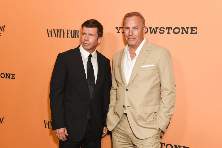 Taylor Sheridan and Kevin Costner attend the premiere of Paramount Pictures' "Yellowstone" at Paramount Studios on June 11, 2018 in Hollywood, California