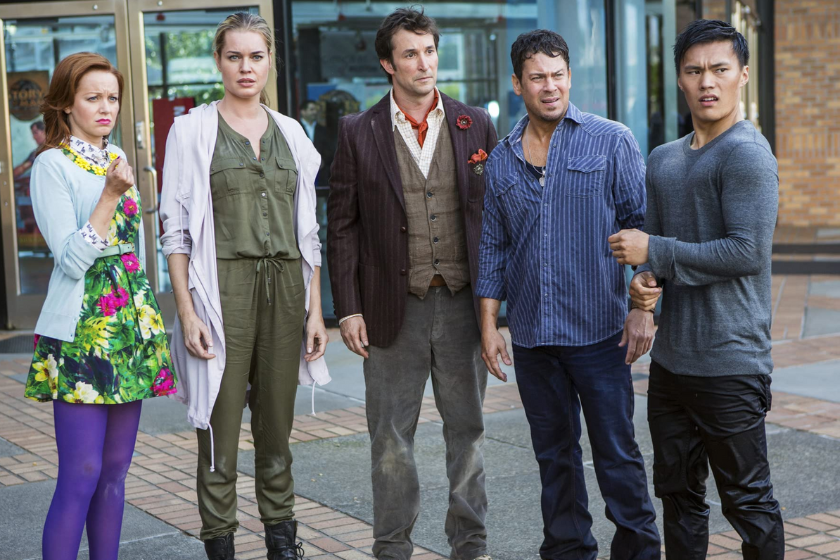 Noah Wyle, Rebecca Romijn, Lindy Booth, Christian Kane, and John Harlan Kim in The Librarians (2014)