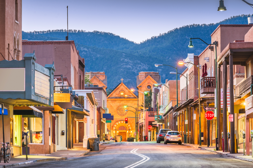 Santa Fe, New Mexico, USA downtown cityscape and street at twilight.