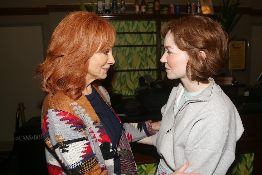NEW YORK, NEW YORK - APRIL 16: (EXCLUSIVE COVERAGE) Reba McEntire and Caroline Innerbichler chat backstage at the new musical "Shucked" on Broadway at The Nederlander Theatre on April 16, 2023 in New York City.
