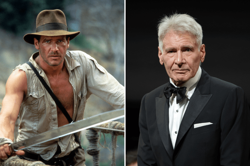 Harrison Ford in a scene from the film 'Indiana Jones And The Temple Of Doom', 1984 / Harrison Ford attends a ceremony as he receives an honorary Palme D'Or during the 76th annual Cannes film festival at Palais des Festivals on May 18, 2023 in Cannes, France