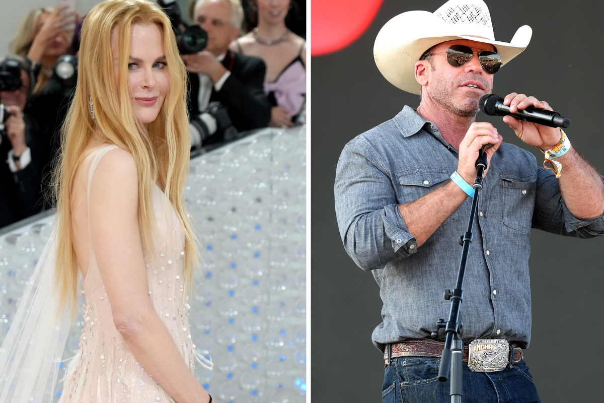 Nicole Kidman attends the 2023 Met Gala Celebrating "Karl Lagerfeld: A Line Of Beauty" at Metropolitan Museum of Art on May 01, 2023 in New York City. / Taylor Sheridan speaks onstage during Day 3 of the 2023 Stagecoach Festival on April 30, 2023 in Indio, California.