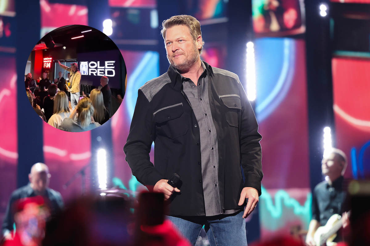 Blake Shelton performs onstage at the 2023 CMT Music Awards held at Moody Center on April 2, 2023 in Austin, Texas and a screengrab of Ole Red's footage of Shelton's surprise appearance at Nashville's airport