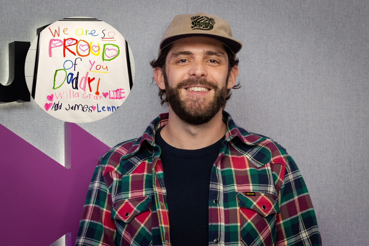 LONDON, ENGLAND - MARCH 07: Thomas Rhett poses as he visits Bauer Media at 1 Golden Square on March 7, 2023 in London, England. and a screengrab of his daughters' special surprise
