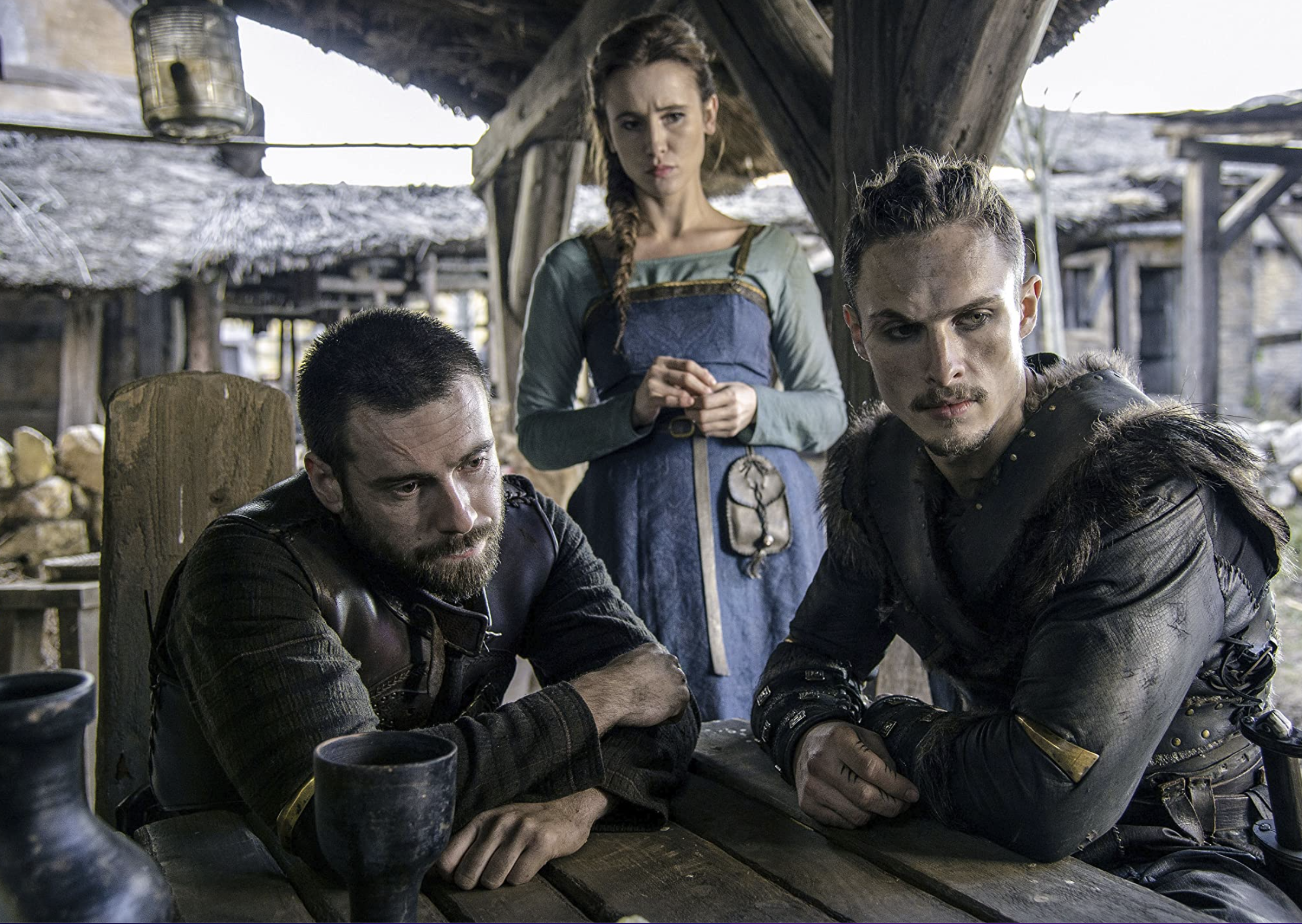 Peri Baumeister, Mark Rowley, and Arnas Fedaravicius in The Last Kingdom (2015)