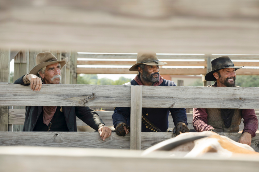 Sam Elliott as Shea, LaMonica Garrett as Thomas and Tim McGraw as James of the Paramount+ original series 1883
