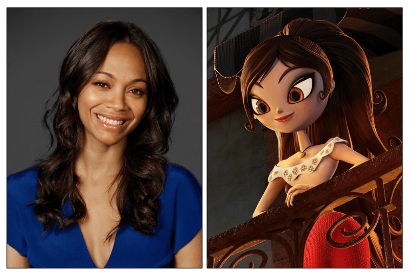 Zoe Saldana next to her 'Book of Life' animated character
