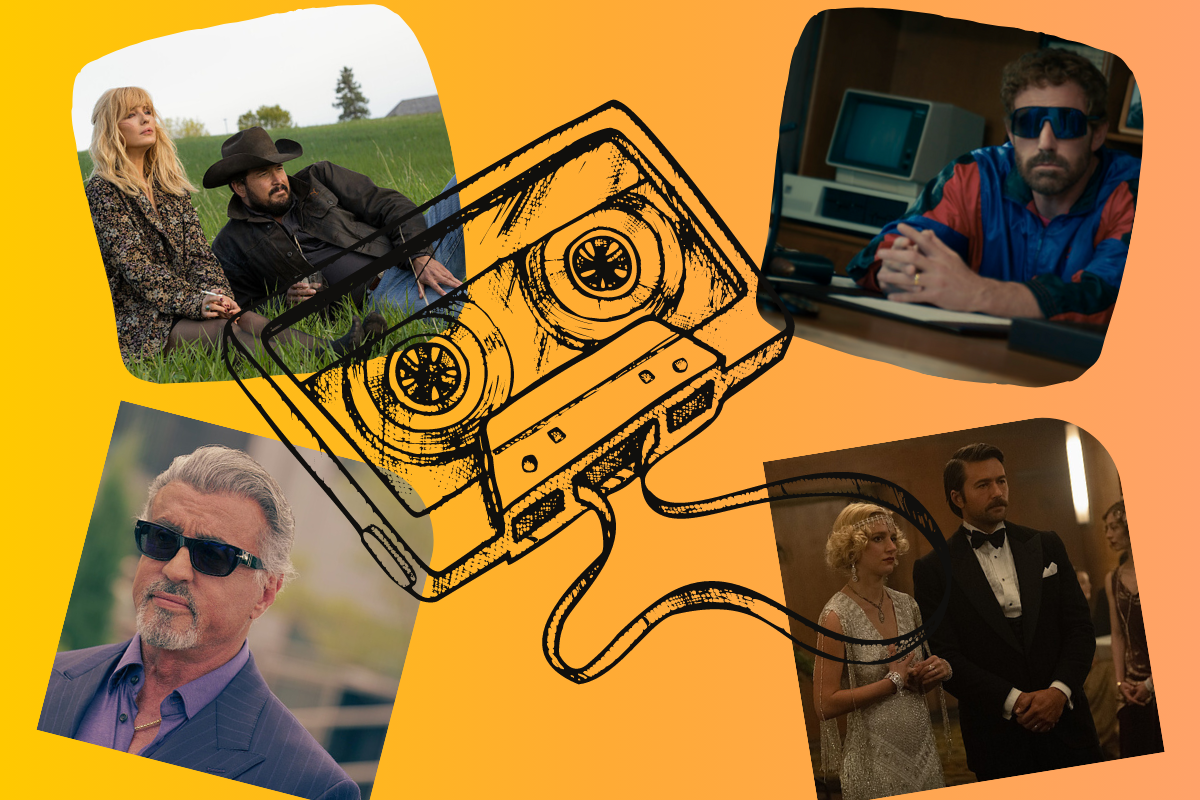Top left: Kelly Reilly and Cole Hauser in "Yellowstone," Bottom left: Sylvester Stallone in "Tulsa King," Top Right: Ben Affleck in "Air", Bottom Right: Julia Schlaepfer and Brandon Sklenar in "1923"