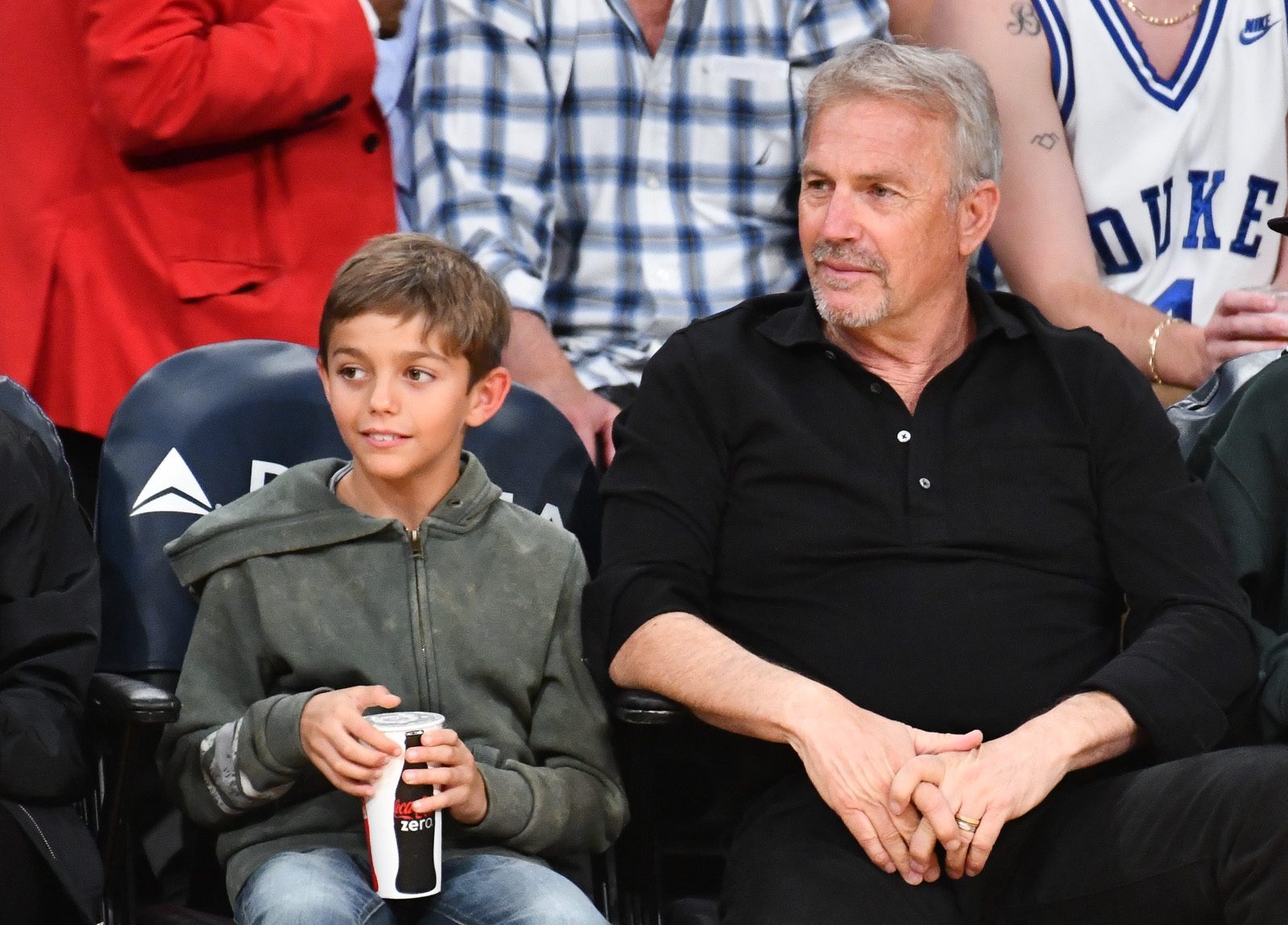 LOS ANGELES, CALIFORNIA - DECEMBER 10: Kevin Costner, Hayes Logan Costner and Cayden Wyatt Costner attend a basketball game between the Los Angeles Lakers and the Miami Heat at Staples Center on December 10, 2018 in Los Angeles, California.