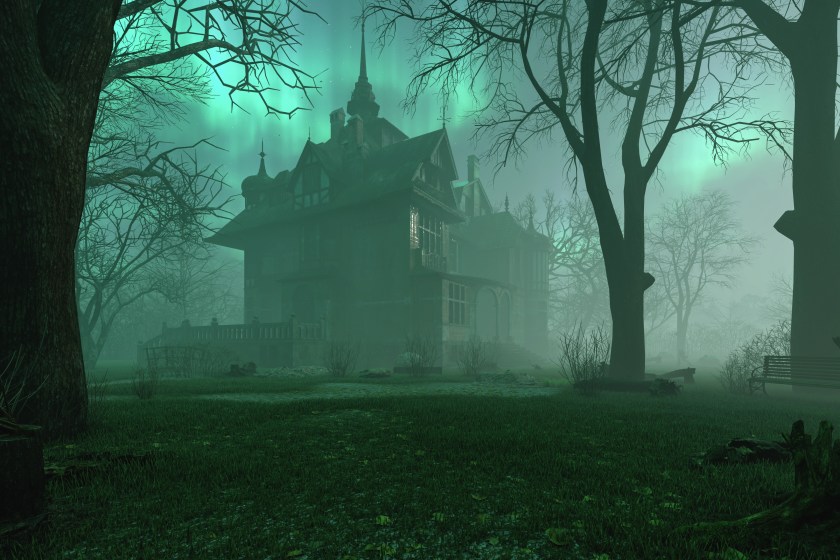 Old haunted abandoned mansion in creepy night forest with cold fog atmosphere, 3d rendering