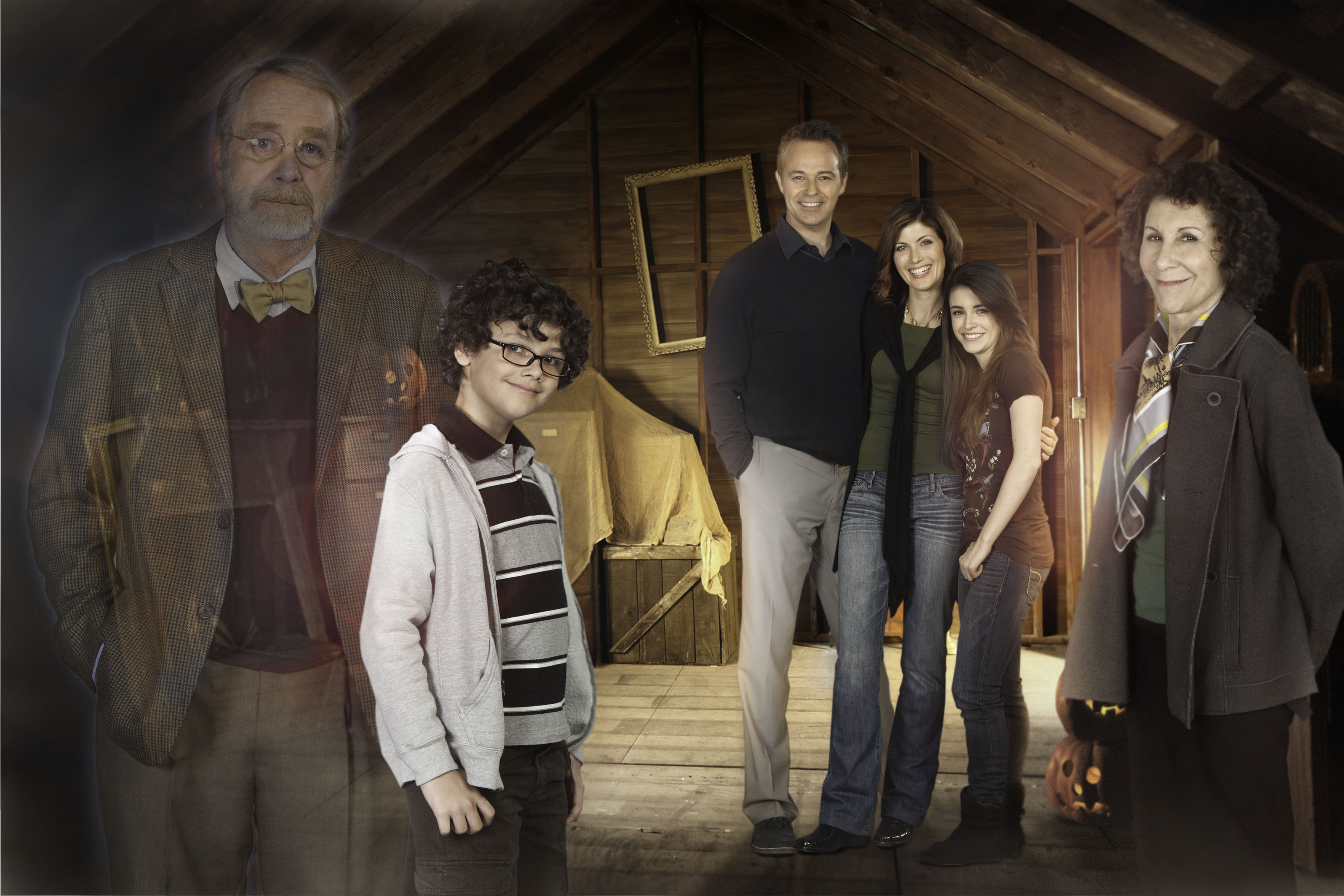 Nicholas Stargel stars as Oliver McCaffrey, an intelligent boy who befriends the angry ghost of Clive Rutledge (Martin Mull), whose painful secret of his past causes him to haunt the new McCaffrey home. From left to right: Martin Mull, Nicholas Stargel, Cameron Daddo, Bridget Ann White, Daniela Bobadilla and Rhea Perlman.