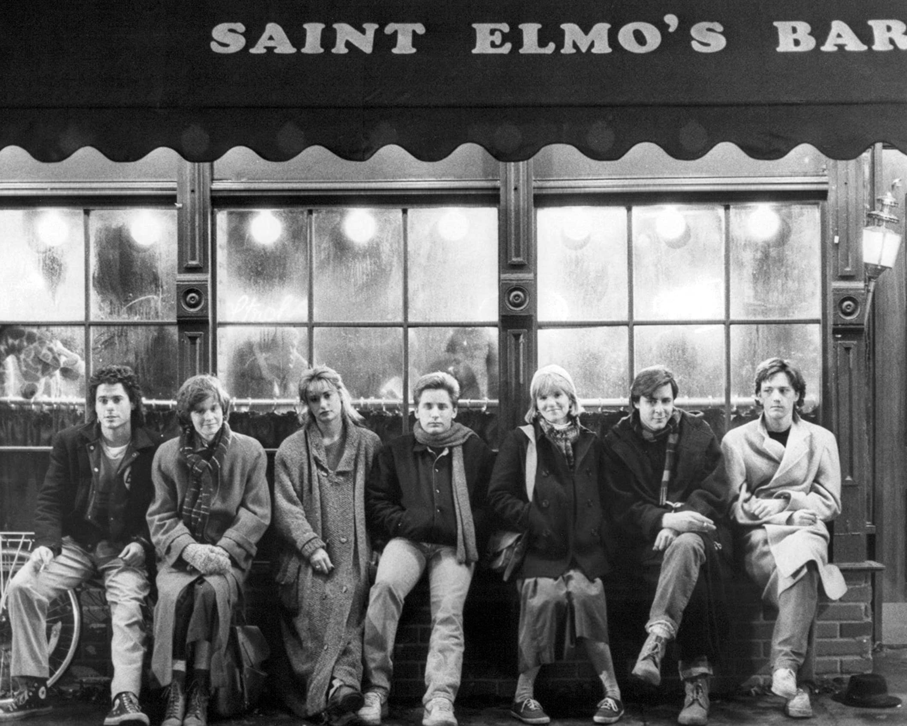Demi Moore, Emilio Estevez, Rob Lowe, Andrew McCarthy, Judd Nelson, Ally Sheedy, and Mare Winningham in St. Elmo's Fire (1985)