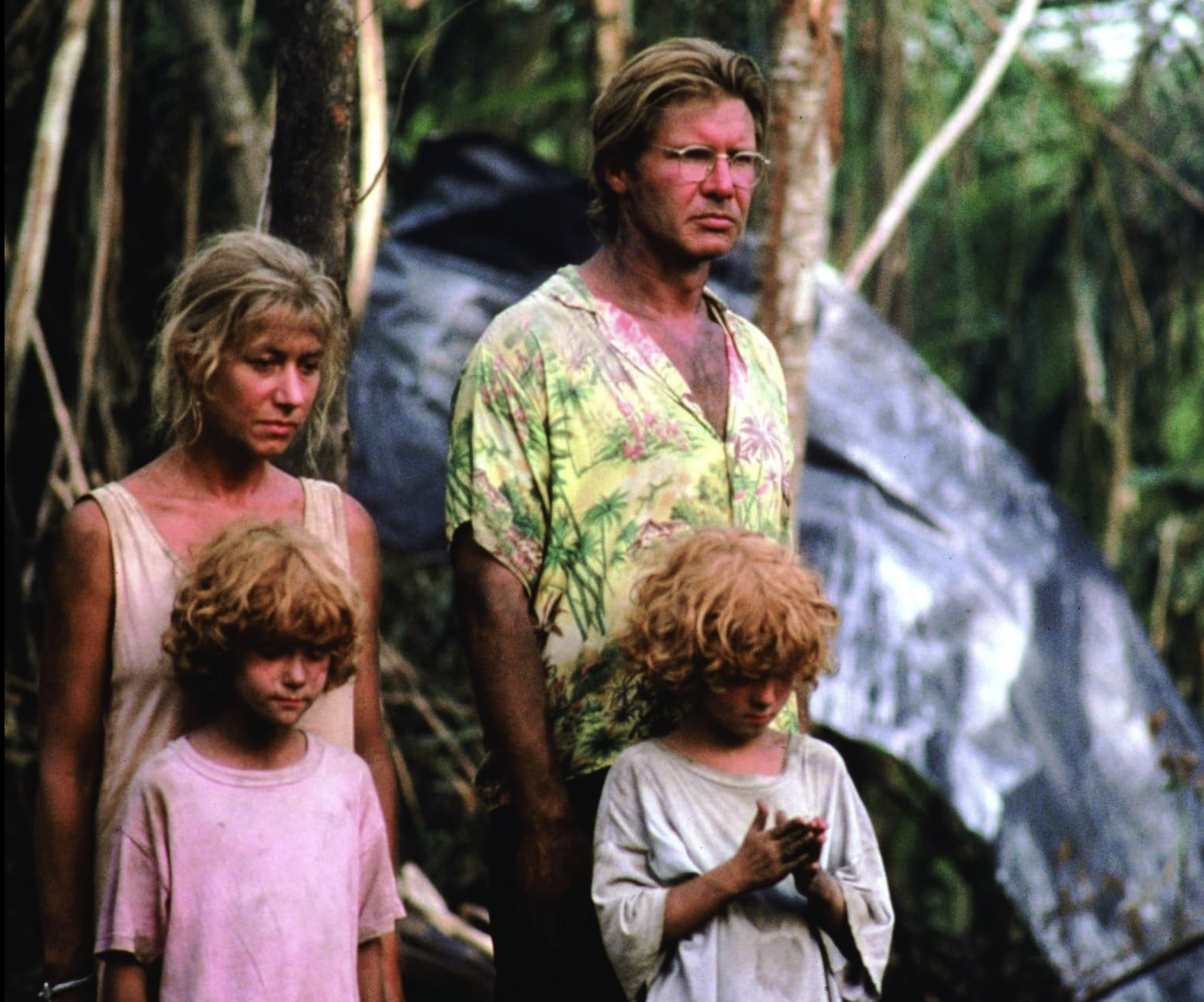 Harrison Ford, Helen Mirren, Hilary Gordon, and Rebecca Gordon in The Mosquito Coast (1986)