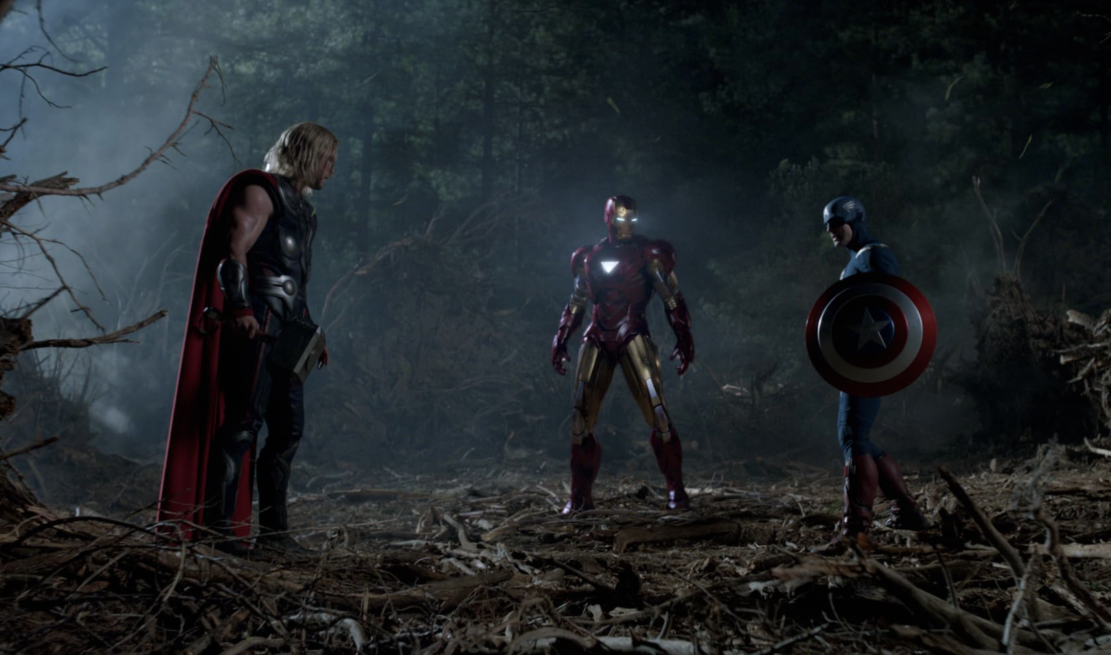 Robert Downey Jr., Chris Evans, and Chris Hemsworth in The Avengers (2012)