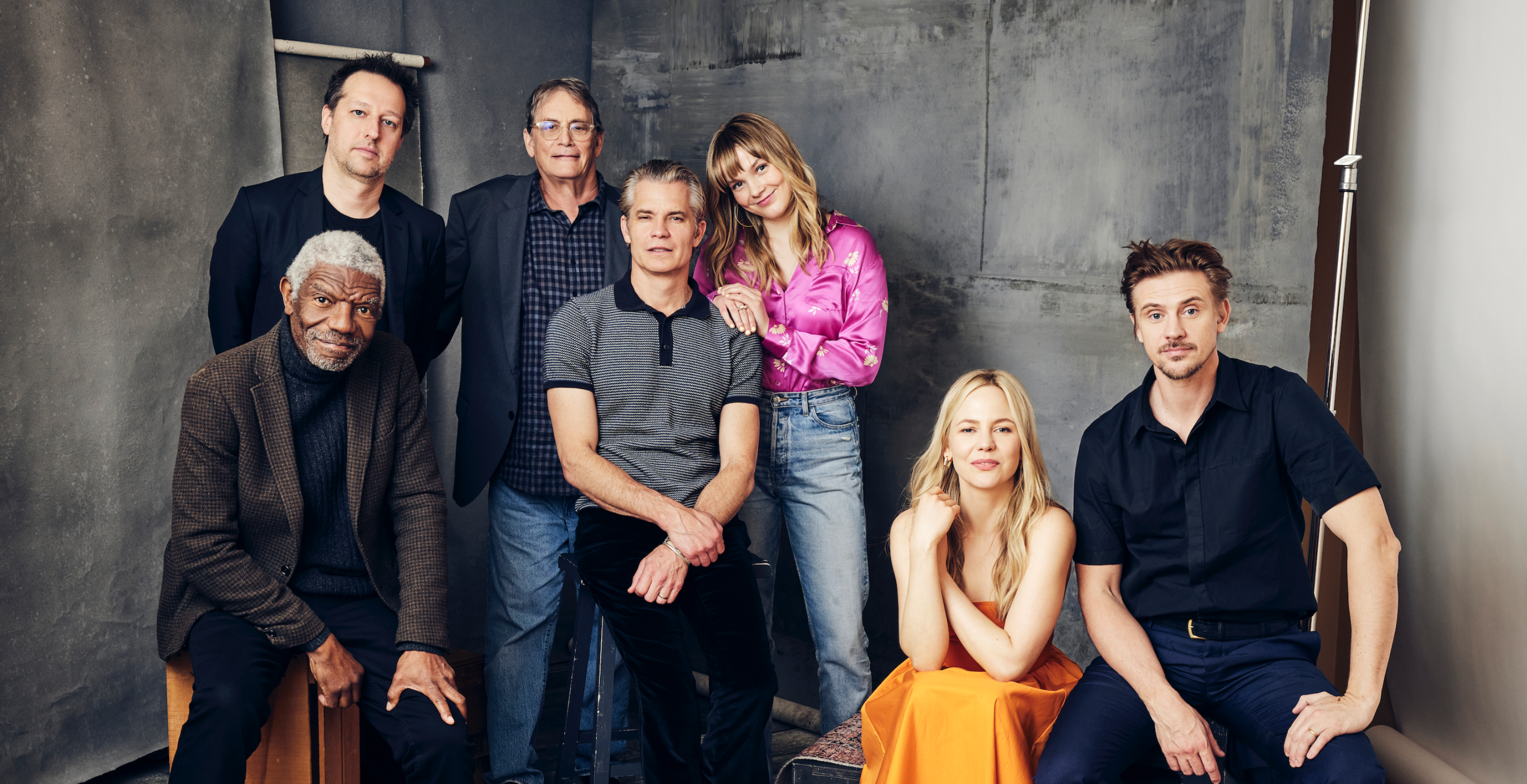 (L-R) Vondie Curtis-Hall, Dave Andron, Mike Dinner, Timothy Olyphant, Vivian Olyphant, Adelaide Clemens and Boyd Holbrook of FX's 'Justified: City Primeval' pose for TV Guide Magazine during the 2023 Winter Television Critics Association Press Tour at The Langham Huntington, Pasadena on January 12, 2023 in Pasadena, California