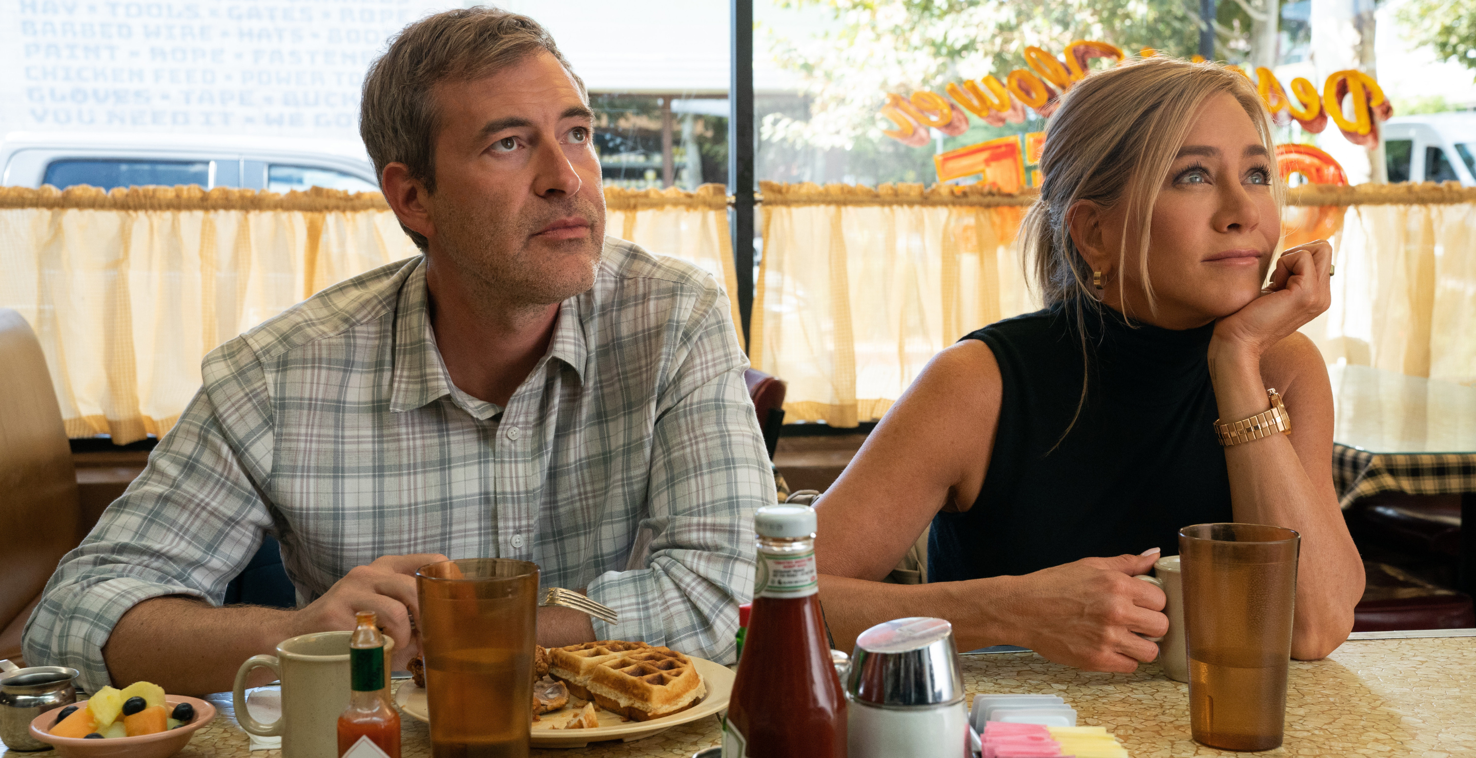 Episode 1. Mark Duplass and Jennifer Aniston in "The Morning Show," premiering September 13, 2023 on Apple TV+.