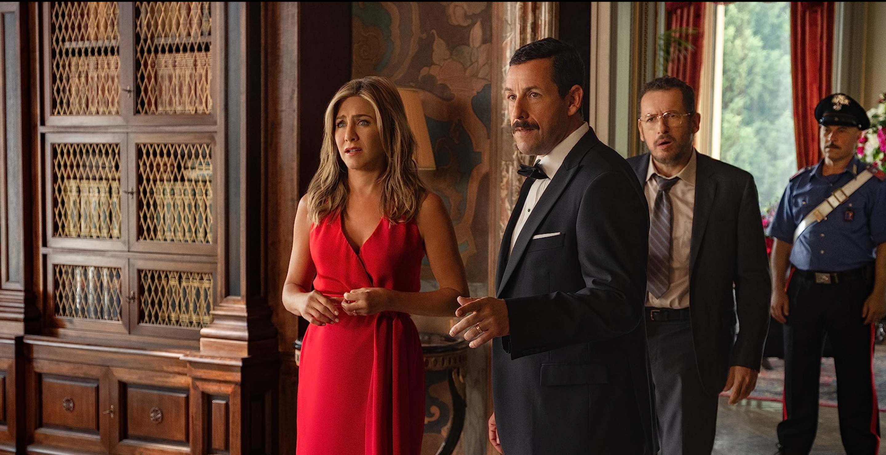 Jennifer Aniston, Adam Sandler, and Dany Boon in Murder Mystery (2019)