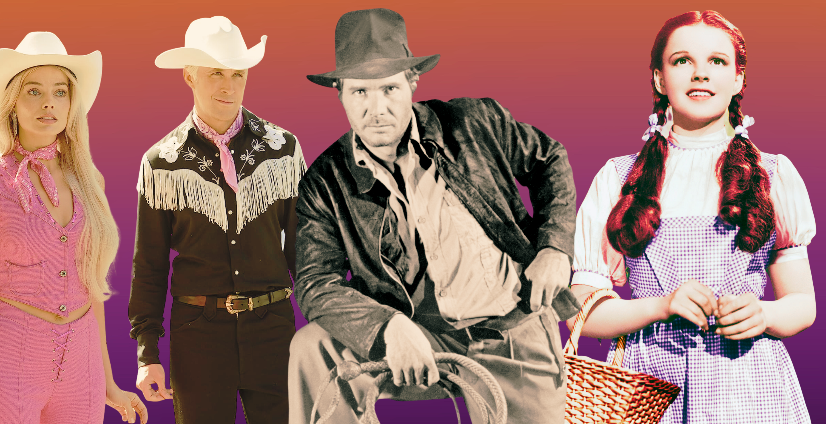 Margot Robbie and Ryan Gosling in "Barbie"/ Harrison Ford in "Raiders of the Lost Ark"/ Judy Garland in "The Wizard of Oz"