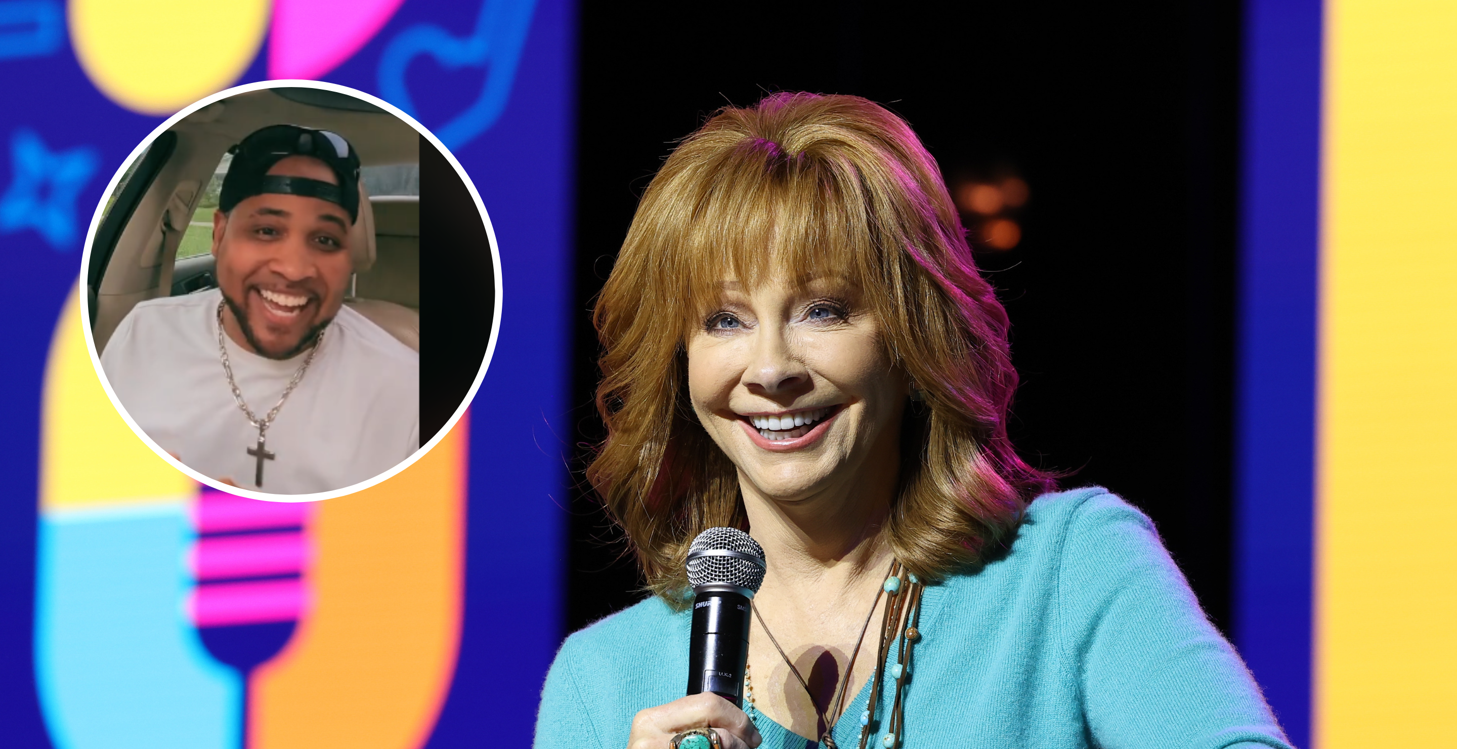NASHVILLE, TENNESSEE - JUNE 09: Reba McEntire speaks on CMA Close Up Stage during CMA Fest 2023 at Music City Center at Nissan Stadium on June 09, 2023 in Nashville, Tennessee and screengrab from a TikTok video themed around McEntire.