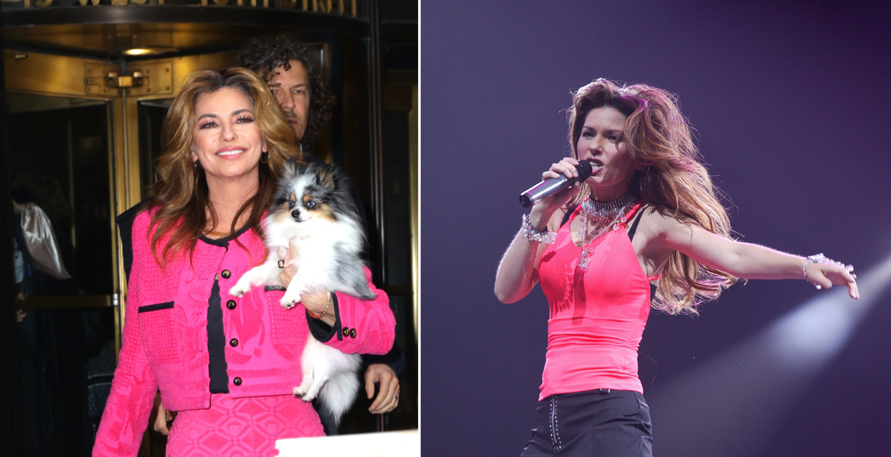 NEW YORK, NY - JANUARY 05: Shania Twain is seen on January 05, 2023 in New York and LONDON - FEBRUARY 16: Singer Shania Twain performs on stage at the Wembley Arena February 16, 2004 in London, England.