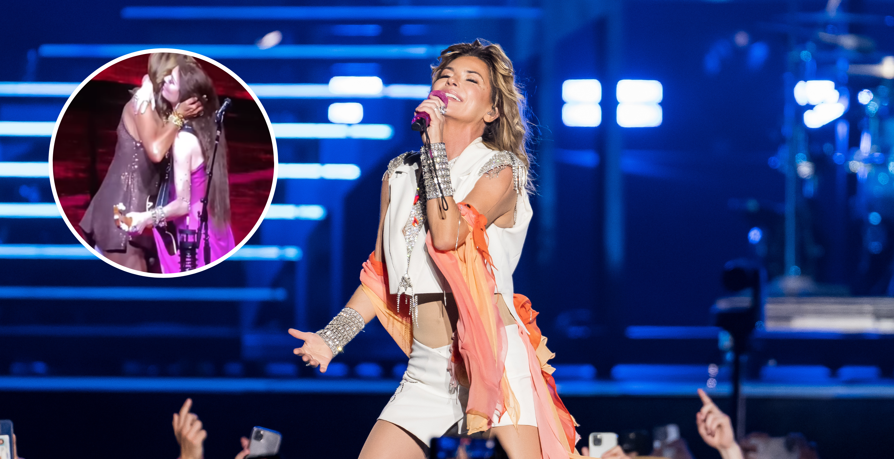 FORT LAUDERDALE, FLORIDA - APRIL 15: Shania Twain performs onstage during day two of Tortuga Music Festival on April 15, 2023 in Fort Lauderdale, Florida and screengrab from Hoda Kotb's Instagram