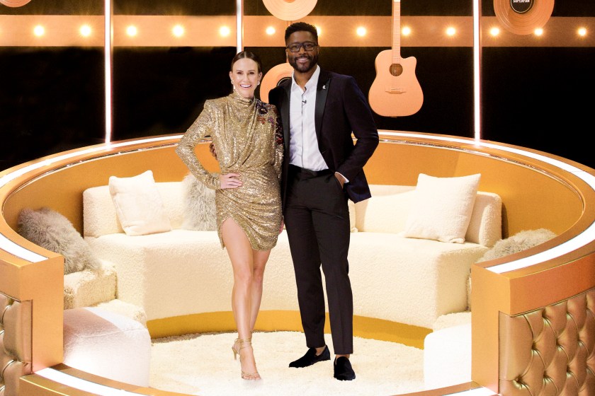 SUPERFAN, a new one-hour unscripted series that features six music superstars as they each crown their biggest fan. The musical game show will feature contestants vying in multiple rounds of play to prove they are their favorite artist's most deserving supporter. In each one-hour episode, a different musical artist will select one deserving superfan to win a once in a lifetime prize. The confirmed musical artists for the CBS Original series are Kelsea Ballerini, Gloria Estefan, Little Big Town, LL COOL J, Pitbull and Shania Twain. Hosted by Keltie Knight and Nate Burleson (CBS MORNINGS), SUPERFAN premieres Wednesday, August 9 (8:00-9:00 PM, ET/PT), on the CBS Television Network and will also be available to stream live and on demand on the CBS app and Paramount+*. Pictured (L-R): Keltie Knight and Nate Burleson.