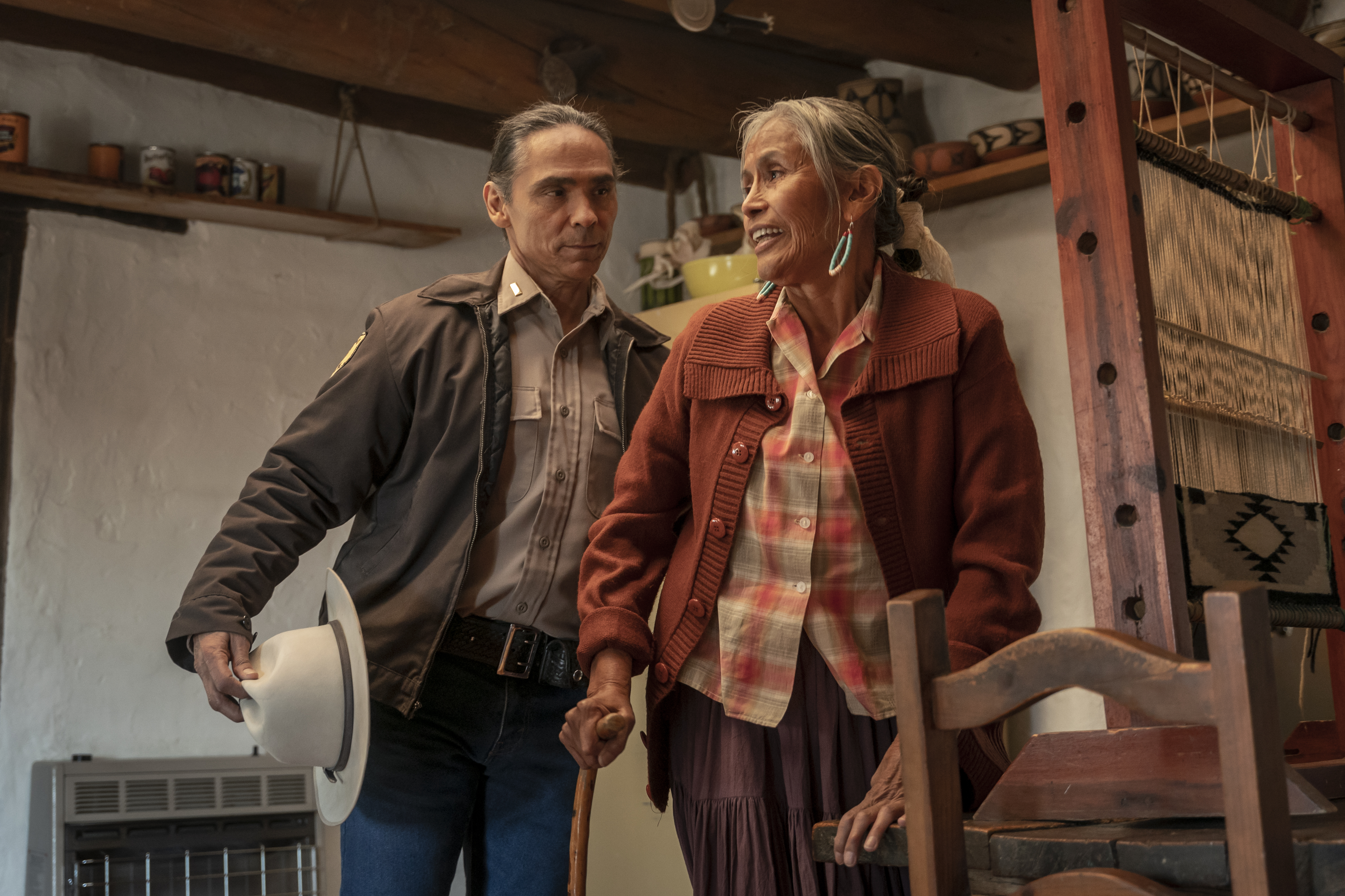 Zahn McClarnon as Joe Leaphorn  and Sarah Luther as Joyce Leaphorn - Dark Winds _ Season 2, Episode 2