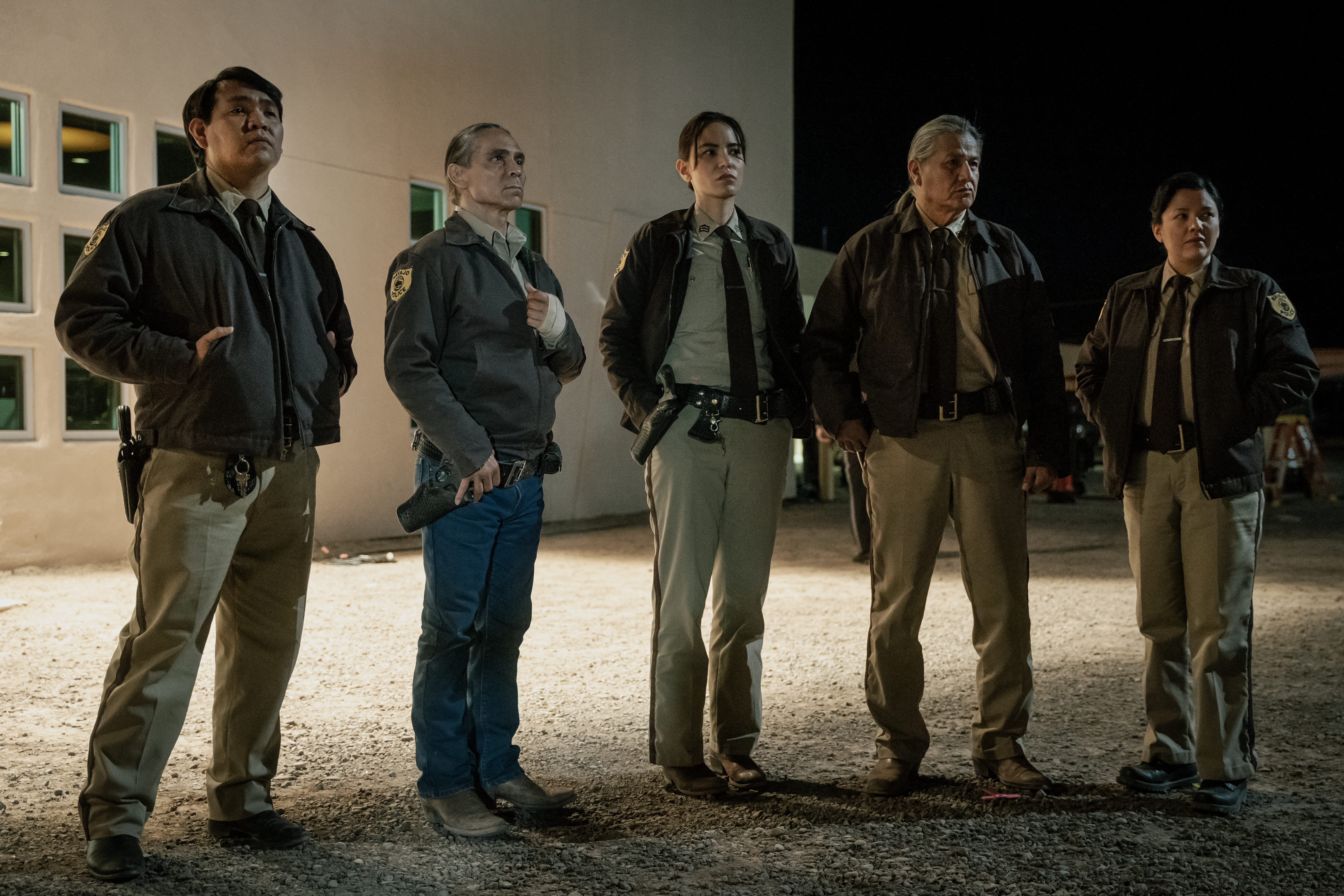 Zahn McClarnon as Joe Leaphorn, Jessica Matten as Sgt. Bernadette Manuelito, Andersen Kee as Officer Harold Bigman, Wade Adakai as Officer Gary Felix and Natalie Benally as Natalie Bluehouse - Dark Winds _ Season 2, Episode 5