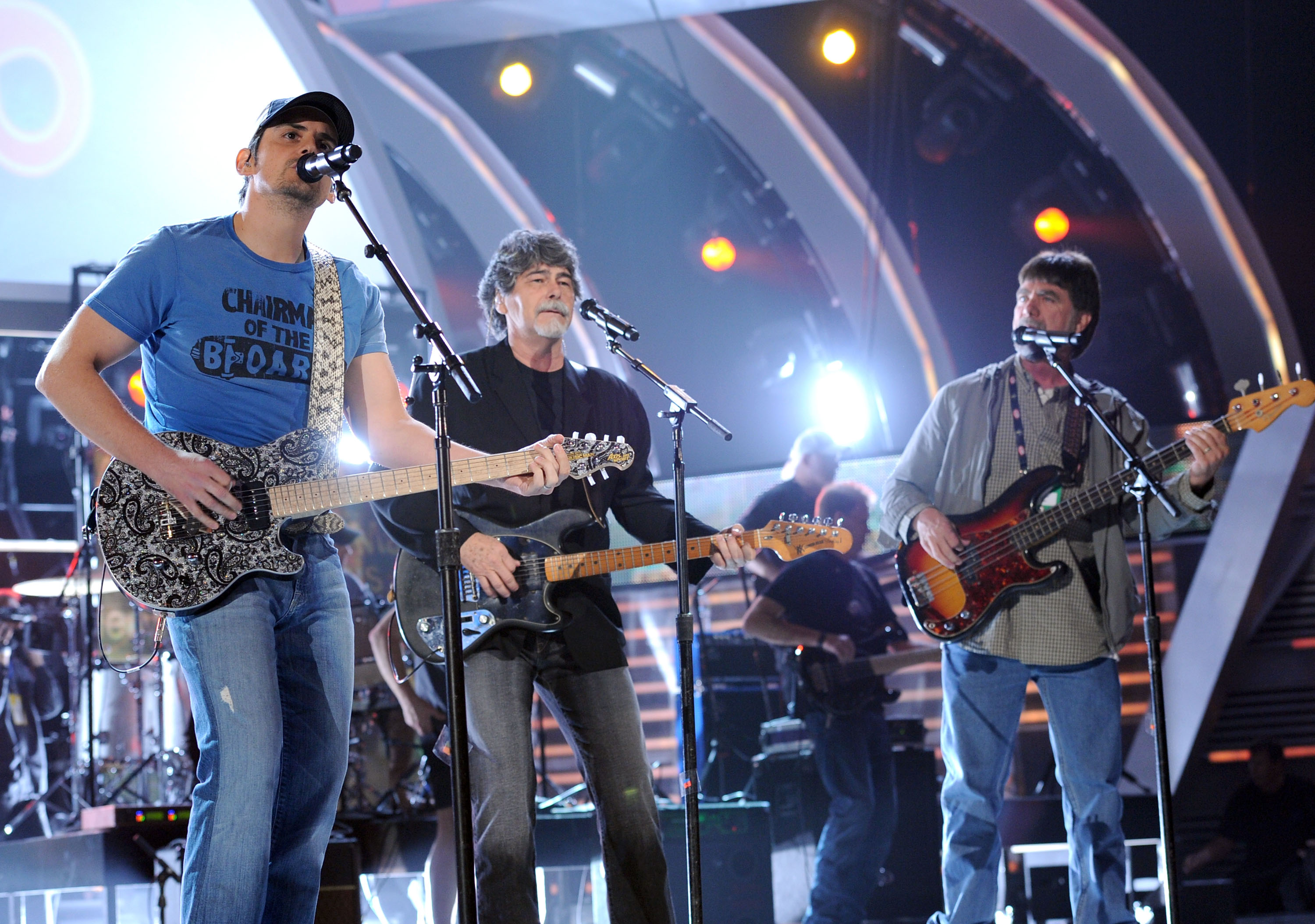 LAS VEGAS, NV - APRIL 02: Musician Brad Paisley, and musicians Randy Owen and Teddy Gentry from the band Alabama perform during rehearsals for the 46th Annual Academy Of Country Music Awards held at the MGM Grand Garden Arena on April 2, 2011 in Las Vegas, Nevada. 