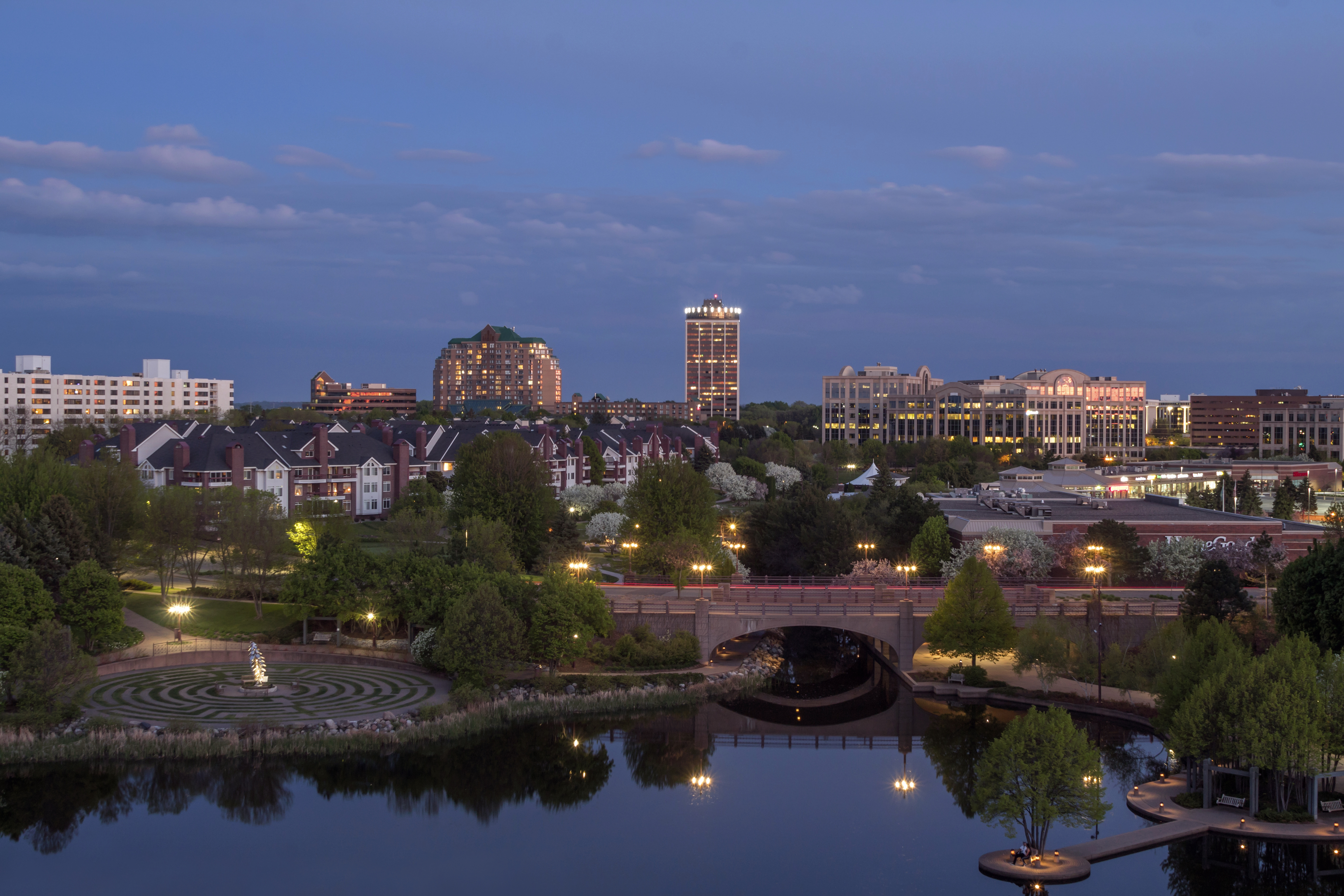 A Twilight Long Exposure Shot over the Beautiful Suburban Bloomington Skyline and Centennial Lakes Reflections