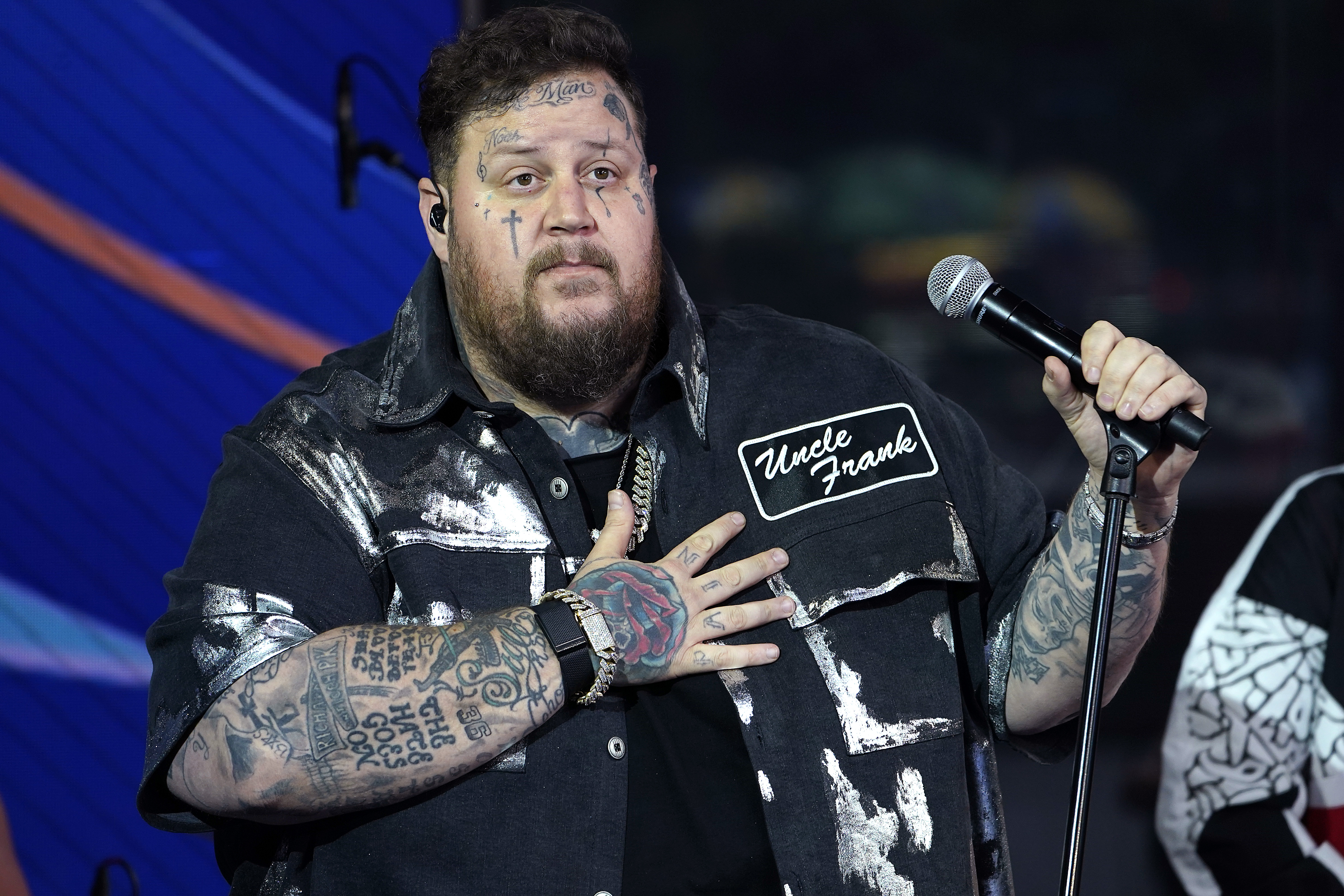 NEW YORK, NEW YORK - AUGUST 14: Jelly Roll performs on "Fox & Friends" at Fox News Channel Studios on August 14, 2023 in New York City.