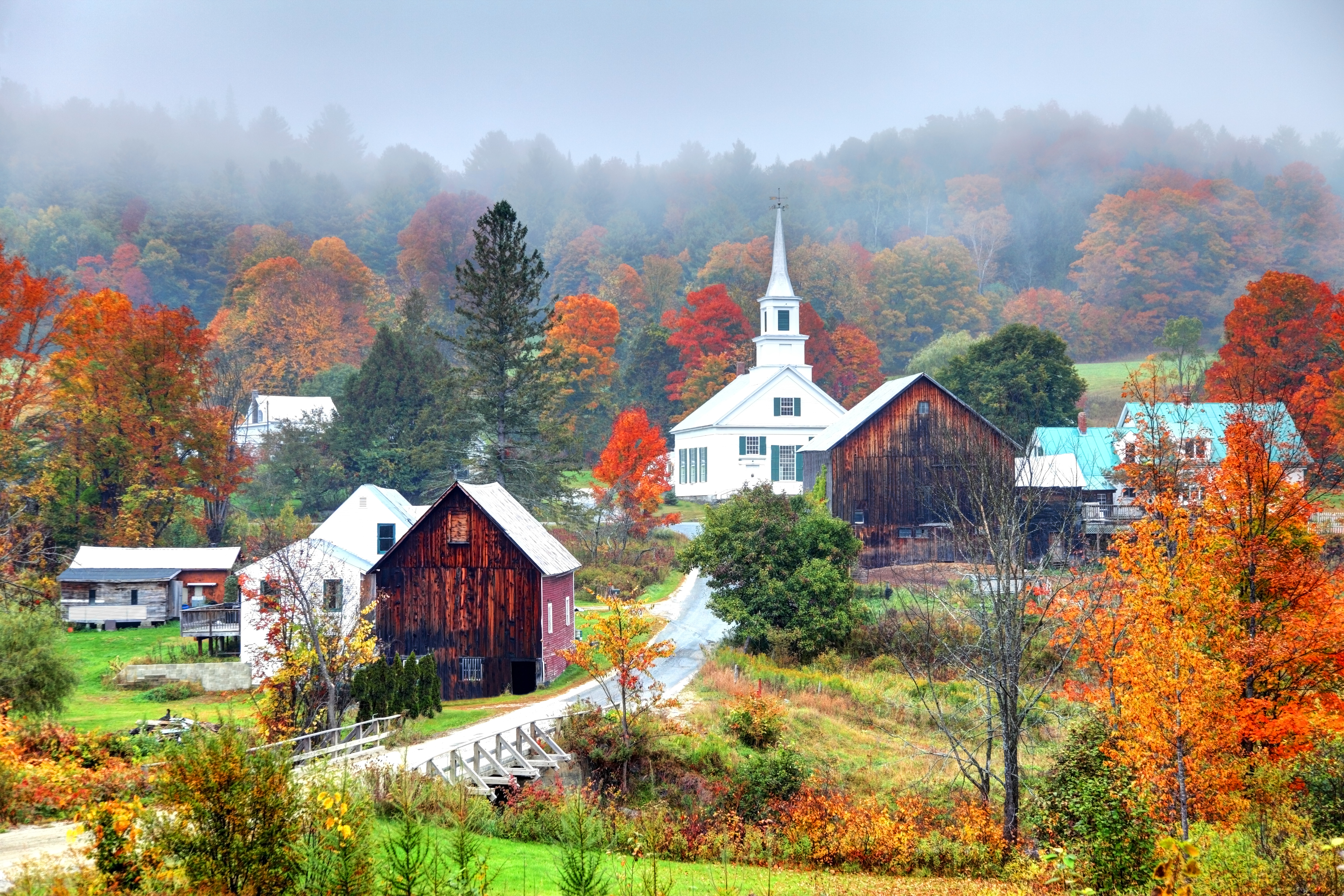 Peak autumn foliage near rural Waits River in Vermont