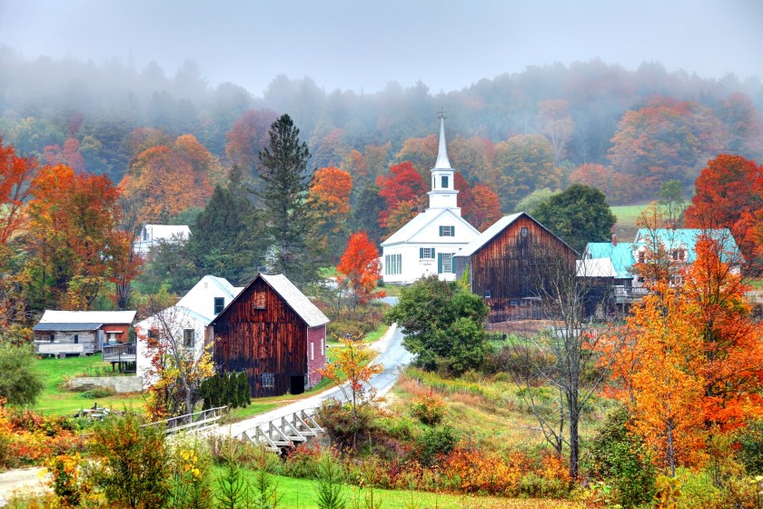 Peak autumn foliage near rural Waits River in Vermont