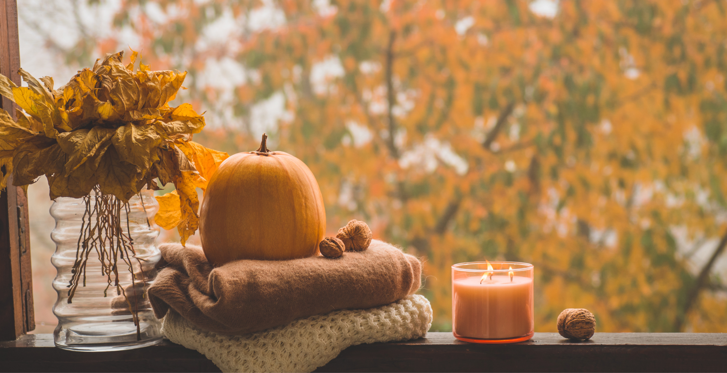 Sweet Home. Still life details in home on a wooden window. Autumn decor on a window. Cozy autumn or winter concept.
