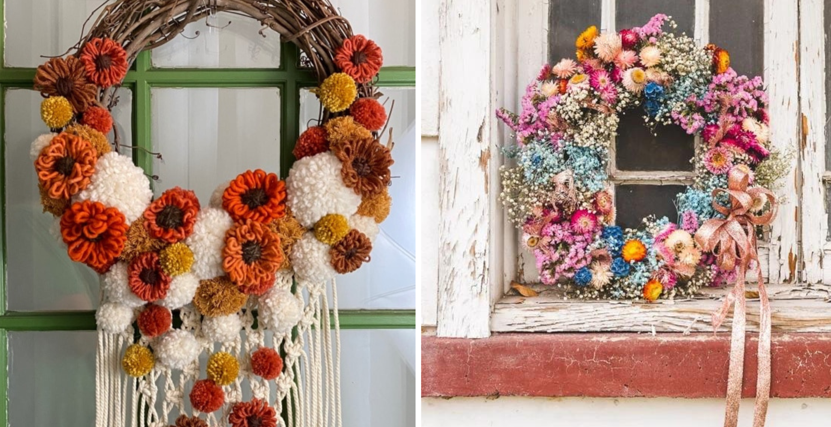macrame wreath and flower wreath