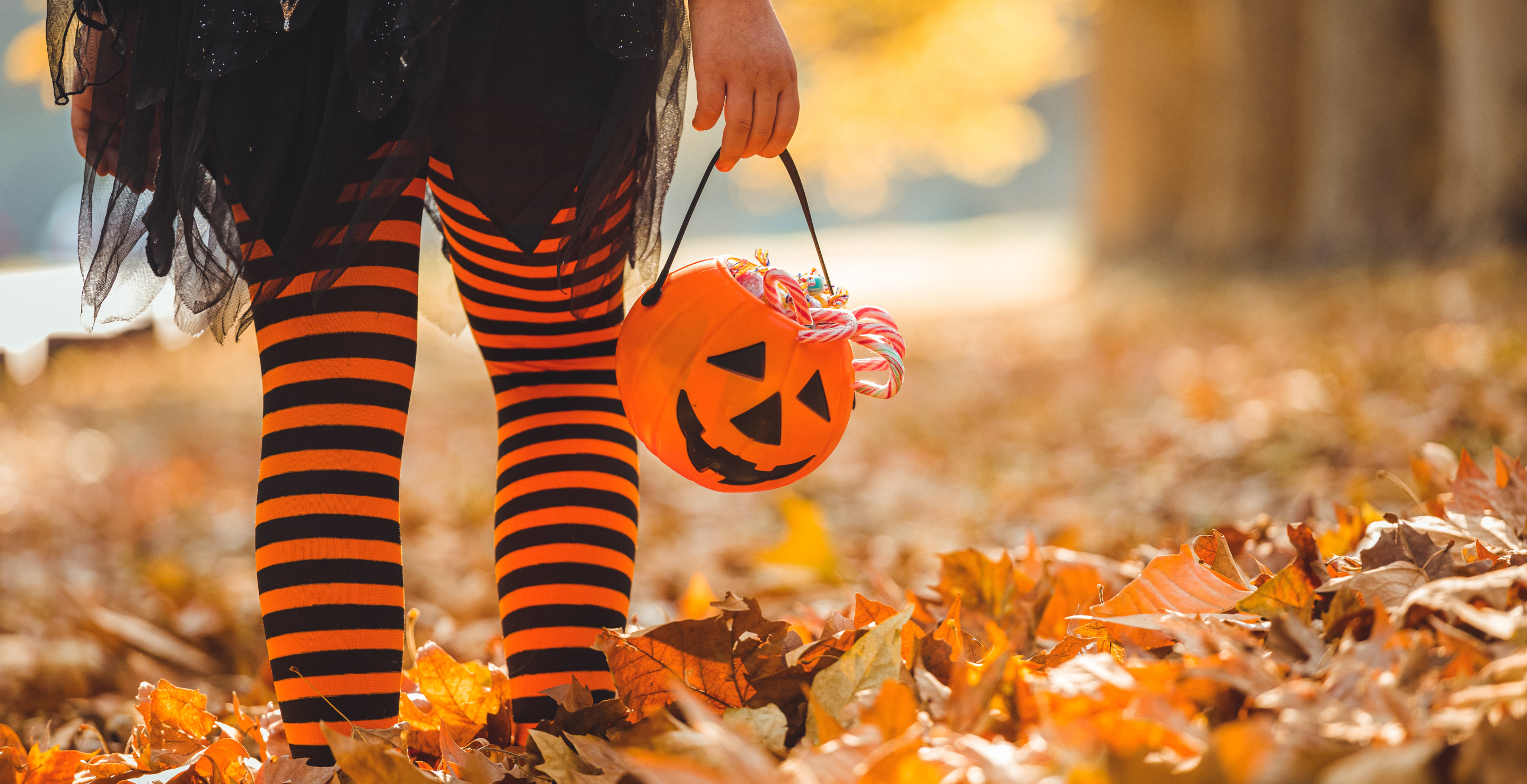 Little girl in witch costume having fun outdoors on Halloween trick or treat