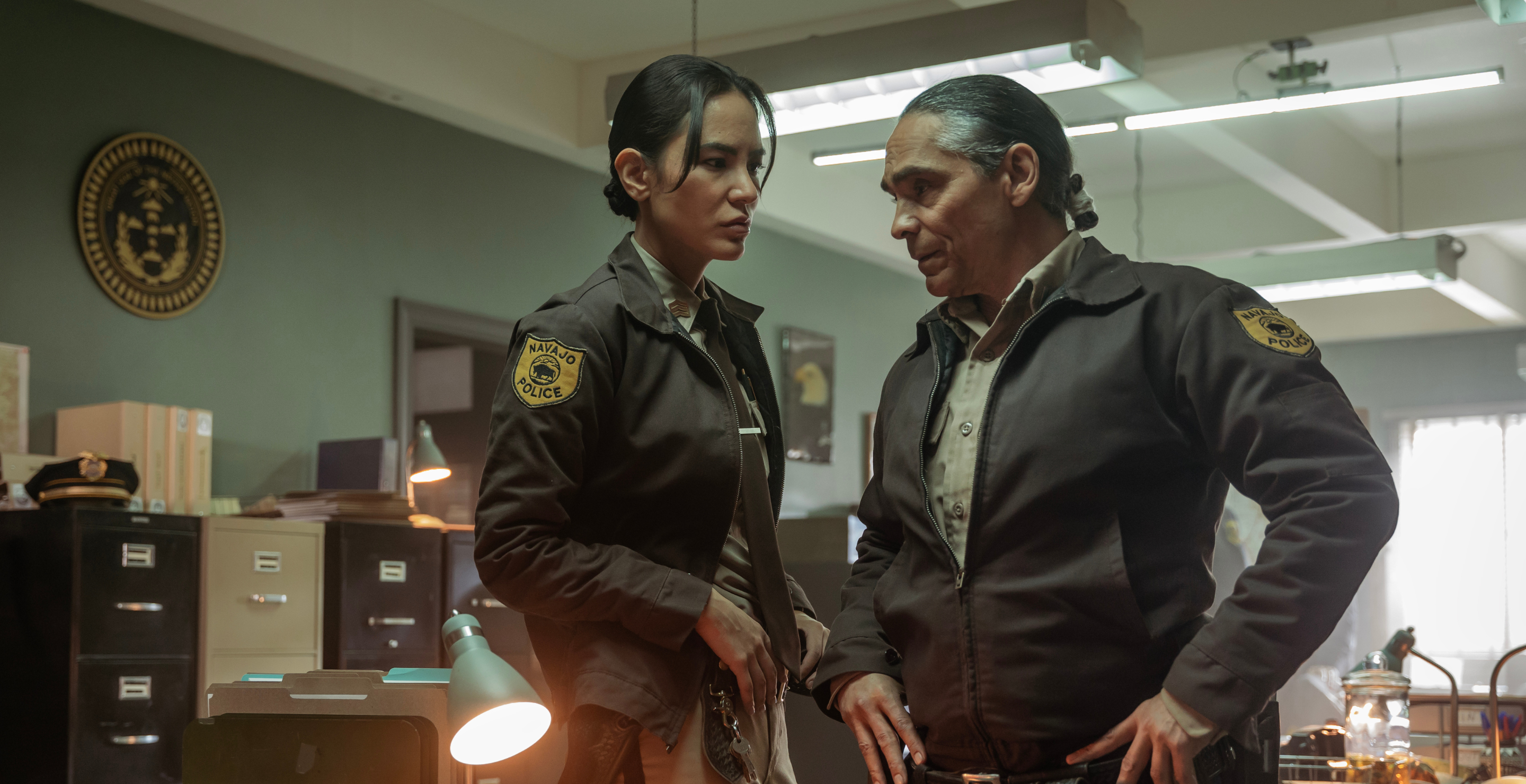 Jessica Matten as Sgt. Bernadette Manuelito and Zahn McClarnon as Joe Leaphorn - Dark Winds _ Season 2, Episode 3