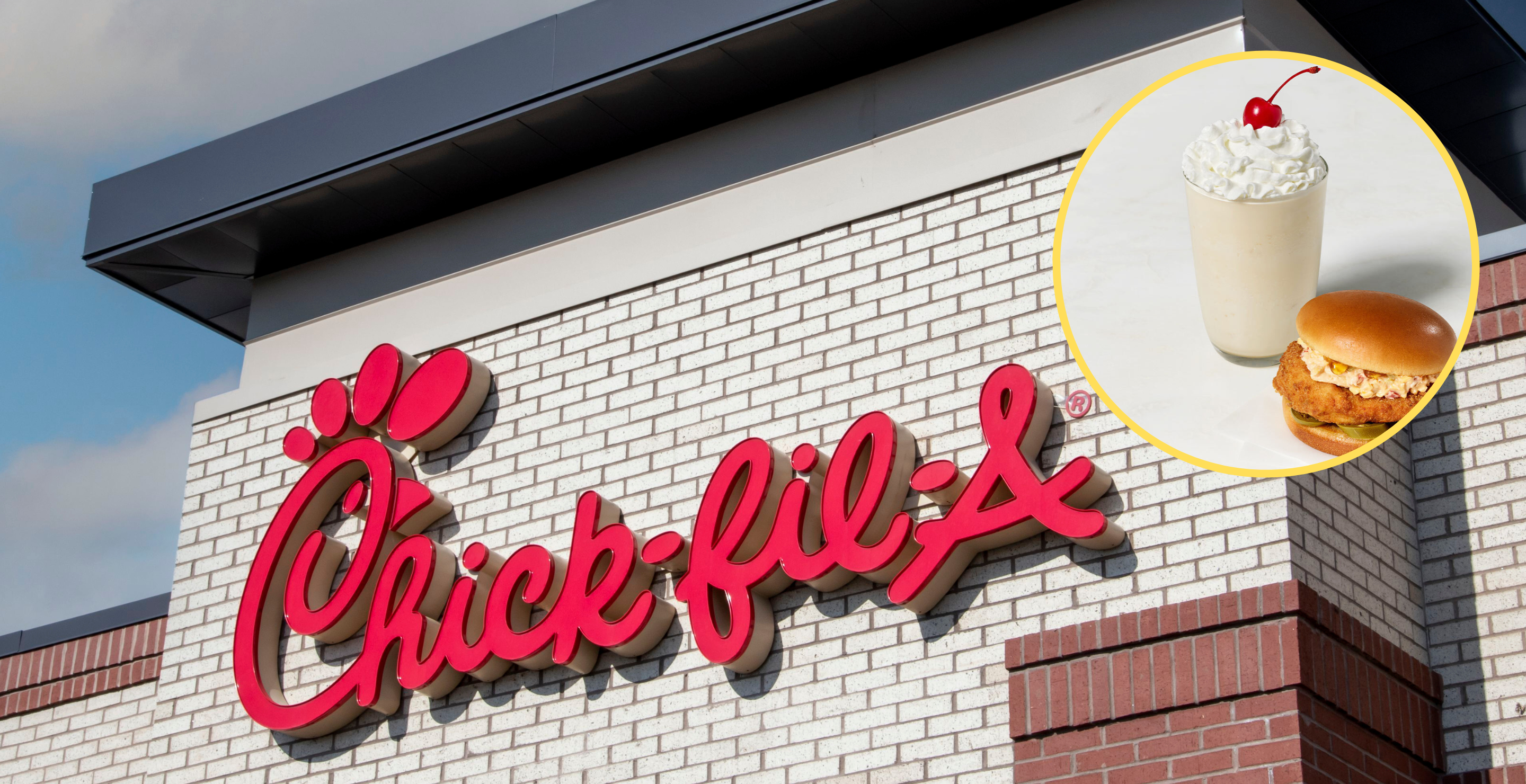 exterior of Chick fil A/ Photo of chicken sandwich and milkshake