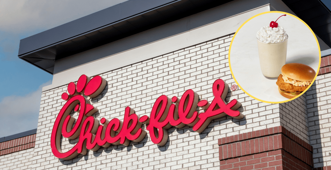 exterior of Chick fil A/ Photo of chicken sandwich and milkshake