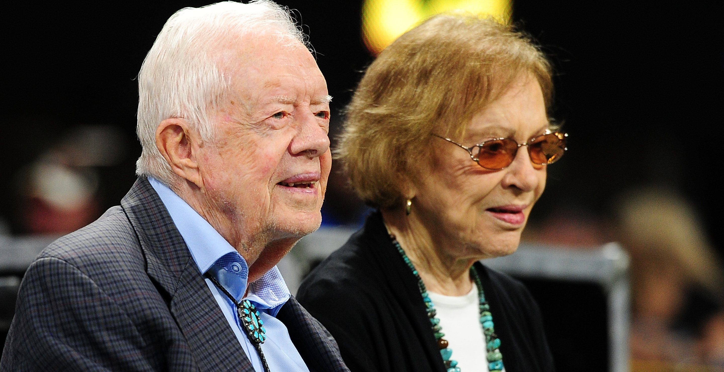 Former president Jimmy Carter and his wife Rosalynn prior to the game between the Atlanta Falcons and the Cincinnati Bengals at Mercedes-Benz Stadium on September 30, 2018 in Atlanta, Georgia.