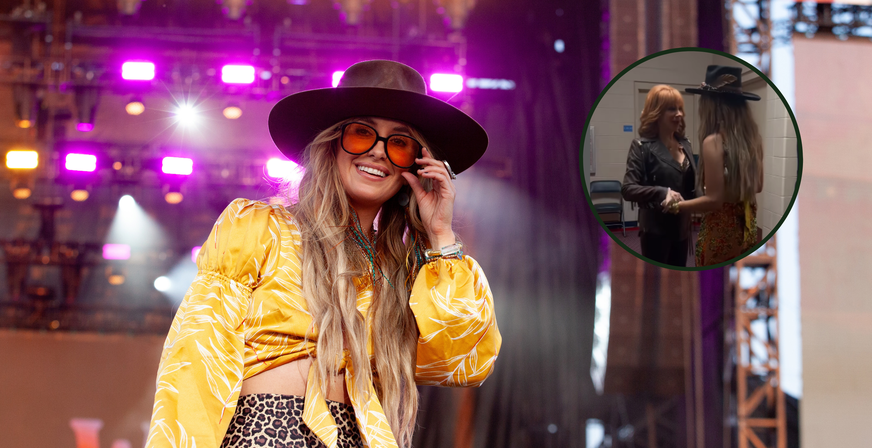 TWIN LAKES, WISCONSIN - JULY 21: Lainey Wilson performs onstage at Country Thunder Wisconsin - Day 2 on July 21, 2023 in Twin Lakes, Wisconsin and screengrab from Lainey Wilson's first meeting with Reba McEntire.