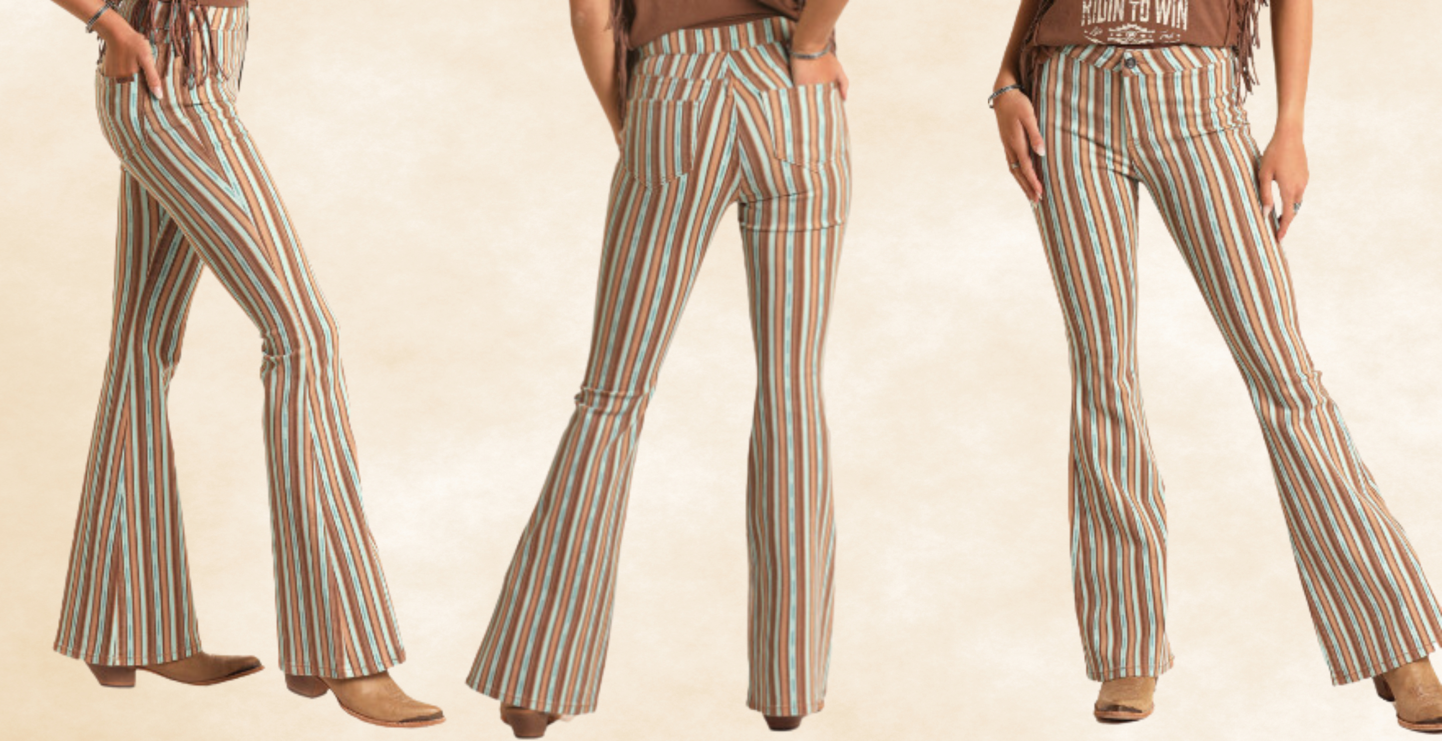 Screengrabs of Rock & Roll Denim's high rise extra stretch flare pants