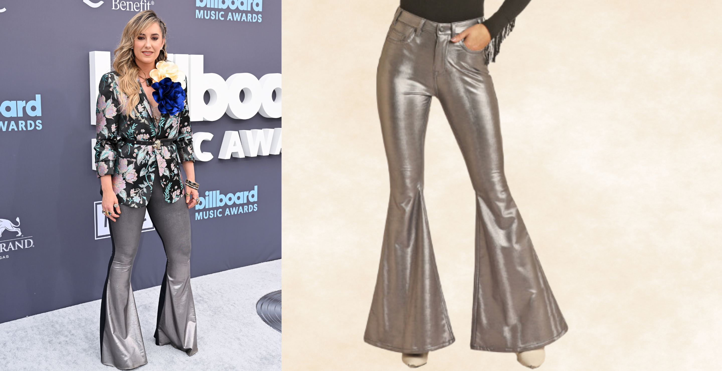 LAS VEGAS, NEVADA - MAY 15: Lainey Wilson attends the 2022 Billboard Music Awards at MGM Grand Garden Arena on May 15, 2022 in Las Vegas, Nevada and screengrab of Rock & Roll Denim's ILVER EXTRA STRETCH HIGH RISE BELL BOTTOM PANTS