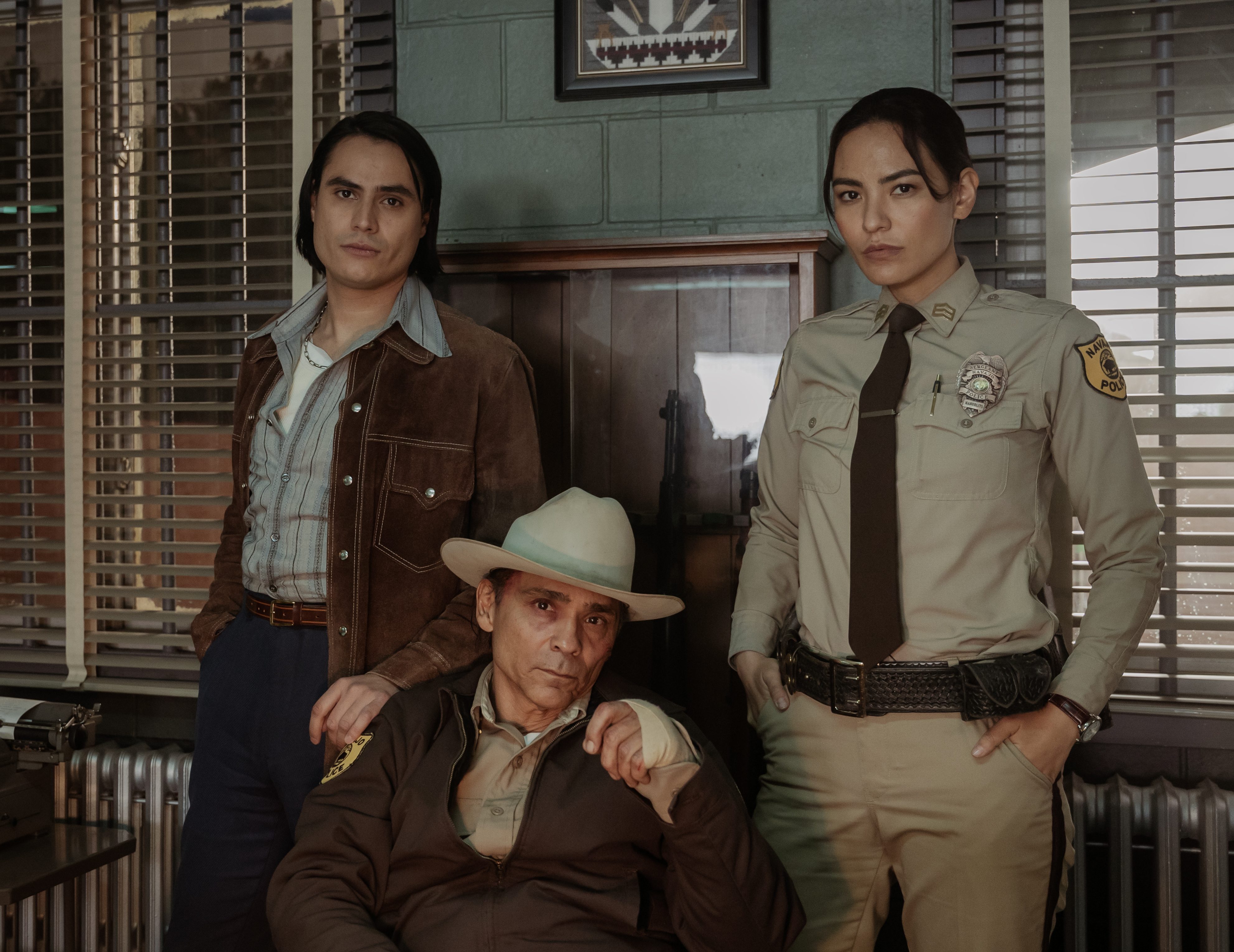Zahn McClarnon as Joe Leaphorn, Jessica Matten as Sgt. Bernadette Manuelito and Kiowa Gordon as Jim Chee - Dark Winds _ Season 2, Episode 5