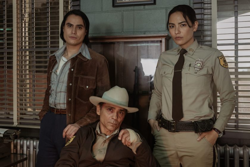 Zahn McClarnon as Joe Leaphorn, Jessica Matten as Sgt. Bernadette Manuelito and Kiowa Gordon as Jim Chee - Dark Winds _ Season 2, Episode 5